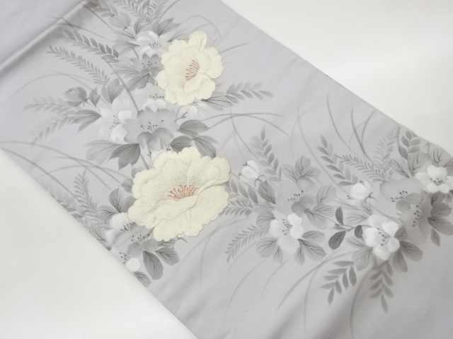 手描き花葉模様刺繍名古屋帯